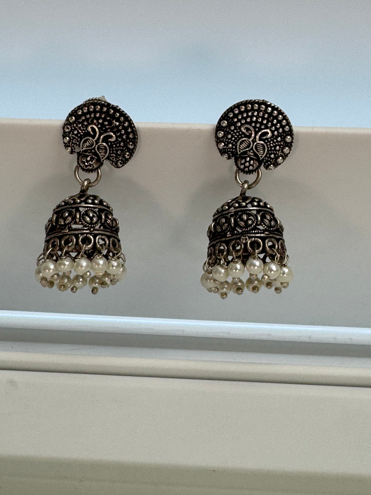 Vintage Oxidized Antique Silver Traditional Jhumka Earrings with White Pearl Beads