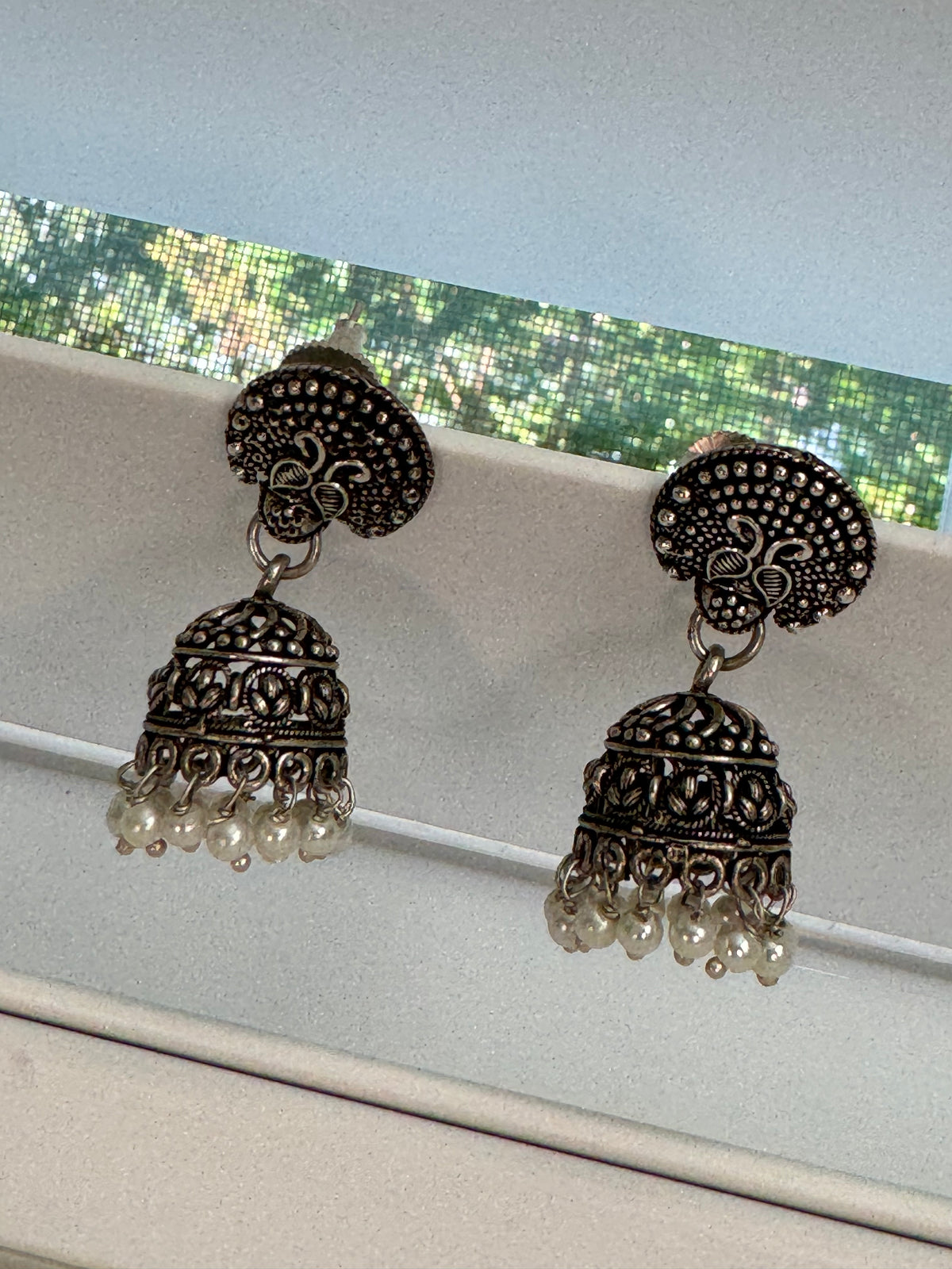 Vintage Oxidized Antique Silver Traditional Jhumka Earrings with White Pearl Beads