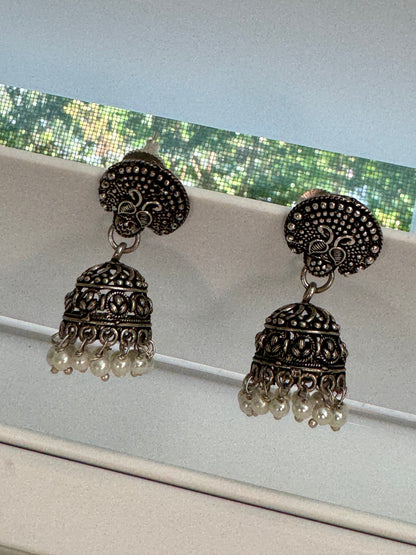 Vintage Oxidized Antique Silver Traditional Jhumka Earrings with White Pearl Beads