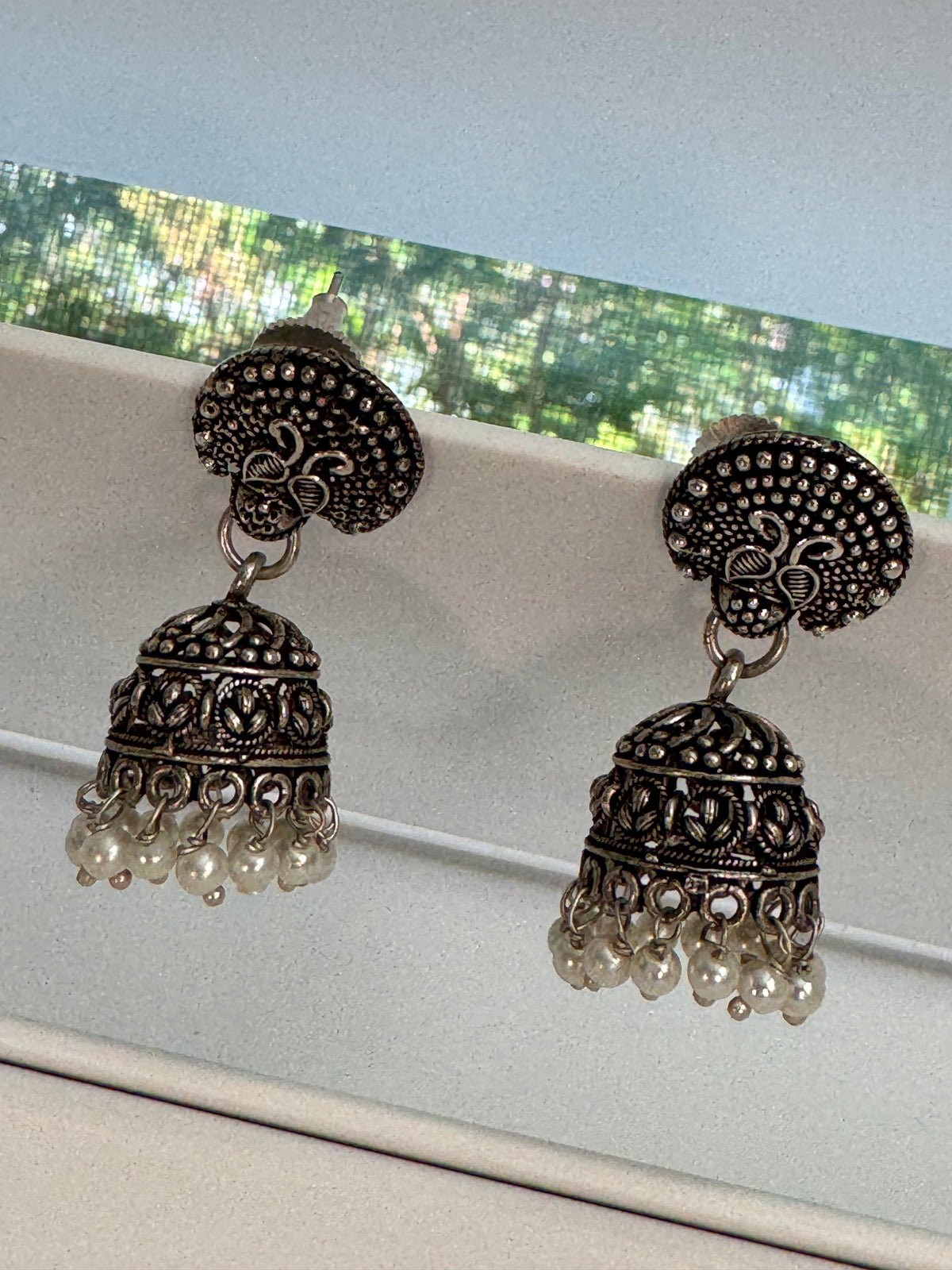 Vintage Oxidized Antique Silver Traditional Jhumka Earrings with White Pearl Beads