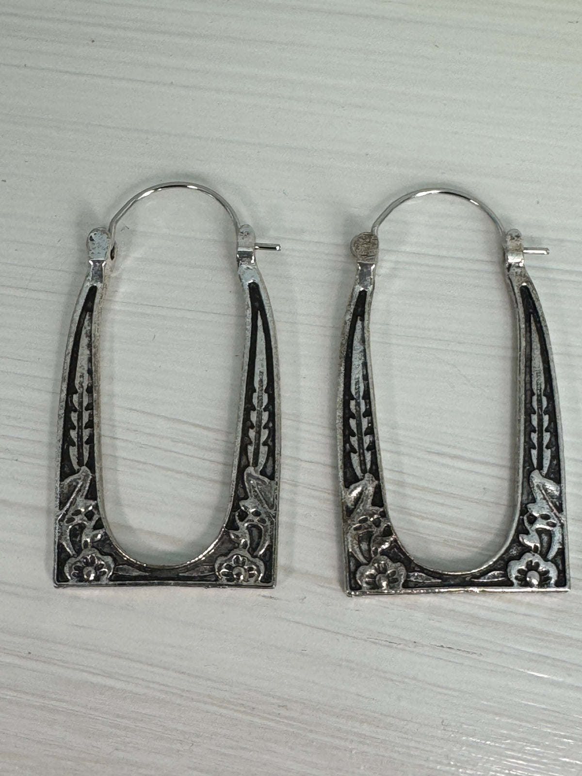 Vintage Antiqued Silver Tone Floral Frame Hoop Earrings