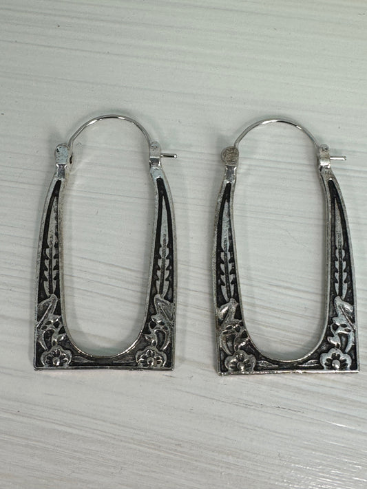 Vintage Antiqued Silver Tone Floral Frame Hoop Earrings