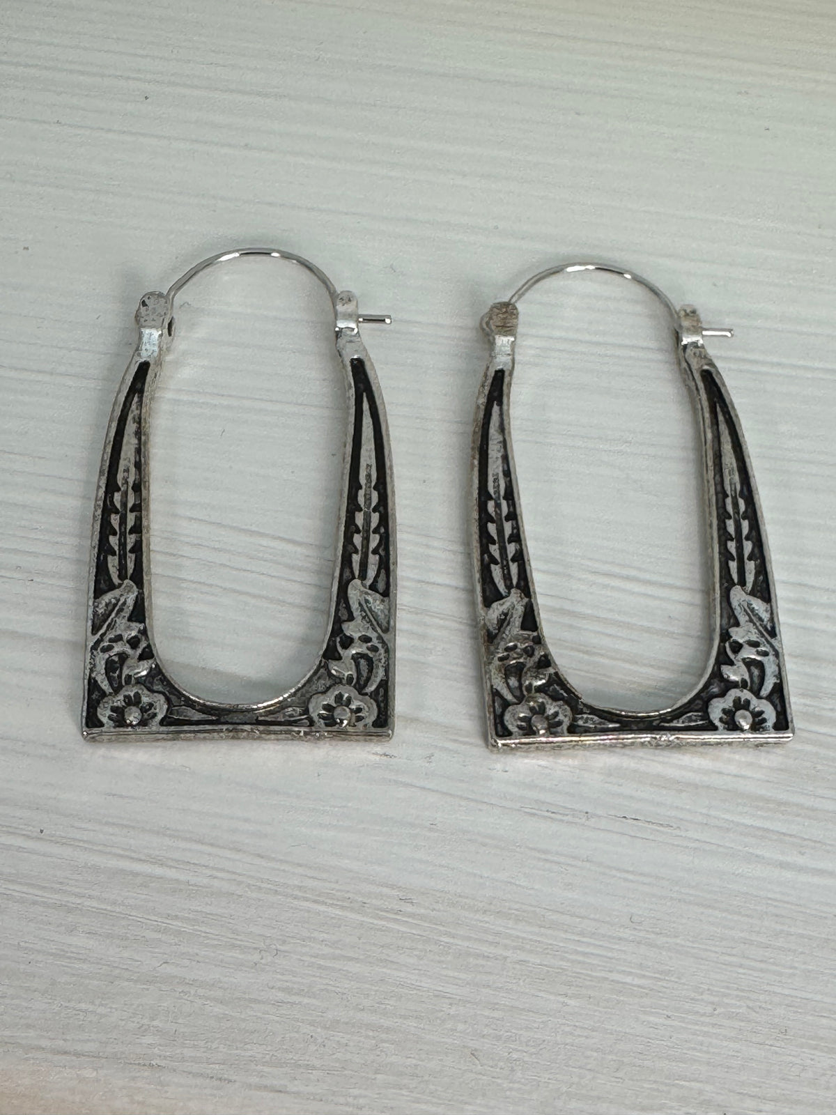 Vintage Antiqued Silver Tone Floral Frame Hoop Earrings
