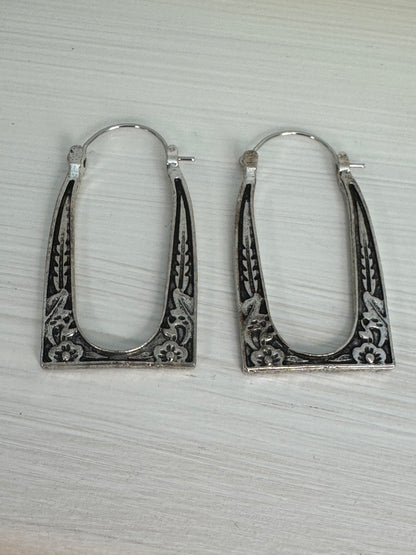 Vintage Antiqued Silver Tone Floral Frame Hoop Earrings