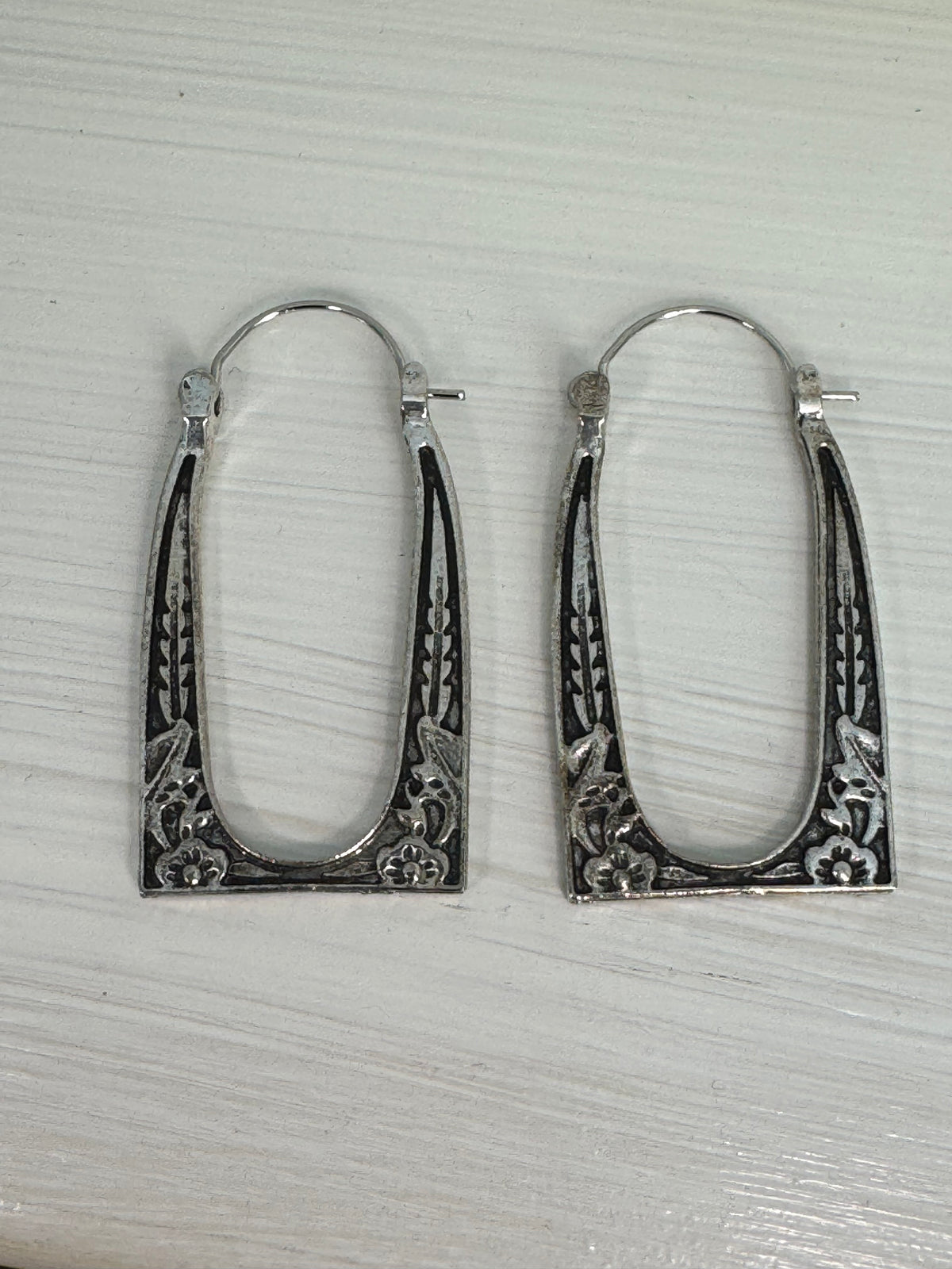 Vintage Antiqued Silver Tone Floral Frame Hoop Earrings