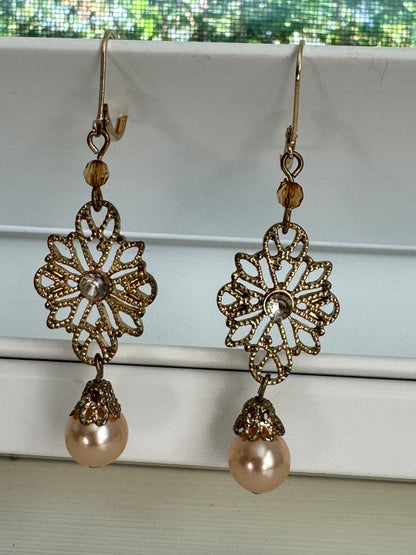 Vintage Elegance Filigree Pearl Dangle Earrings
