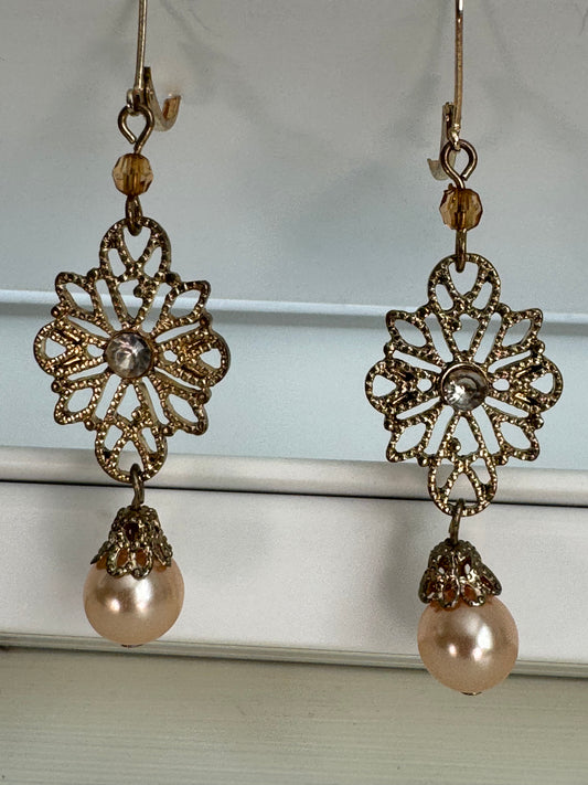 Vintage Elegance Filigree Pearl Dangle Earrings