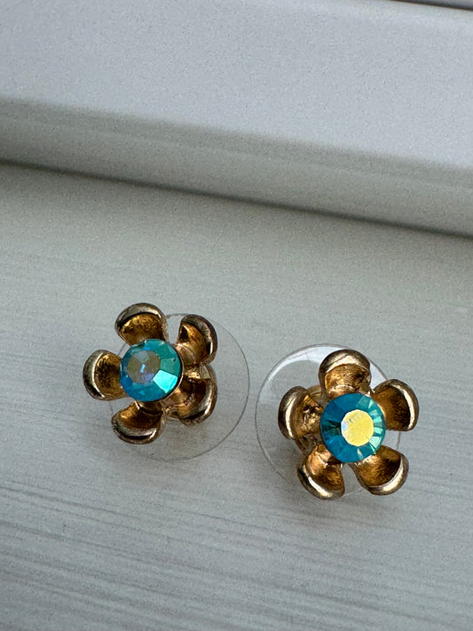 Vintage Aqua Rhinestone Flower Studs