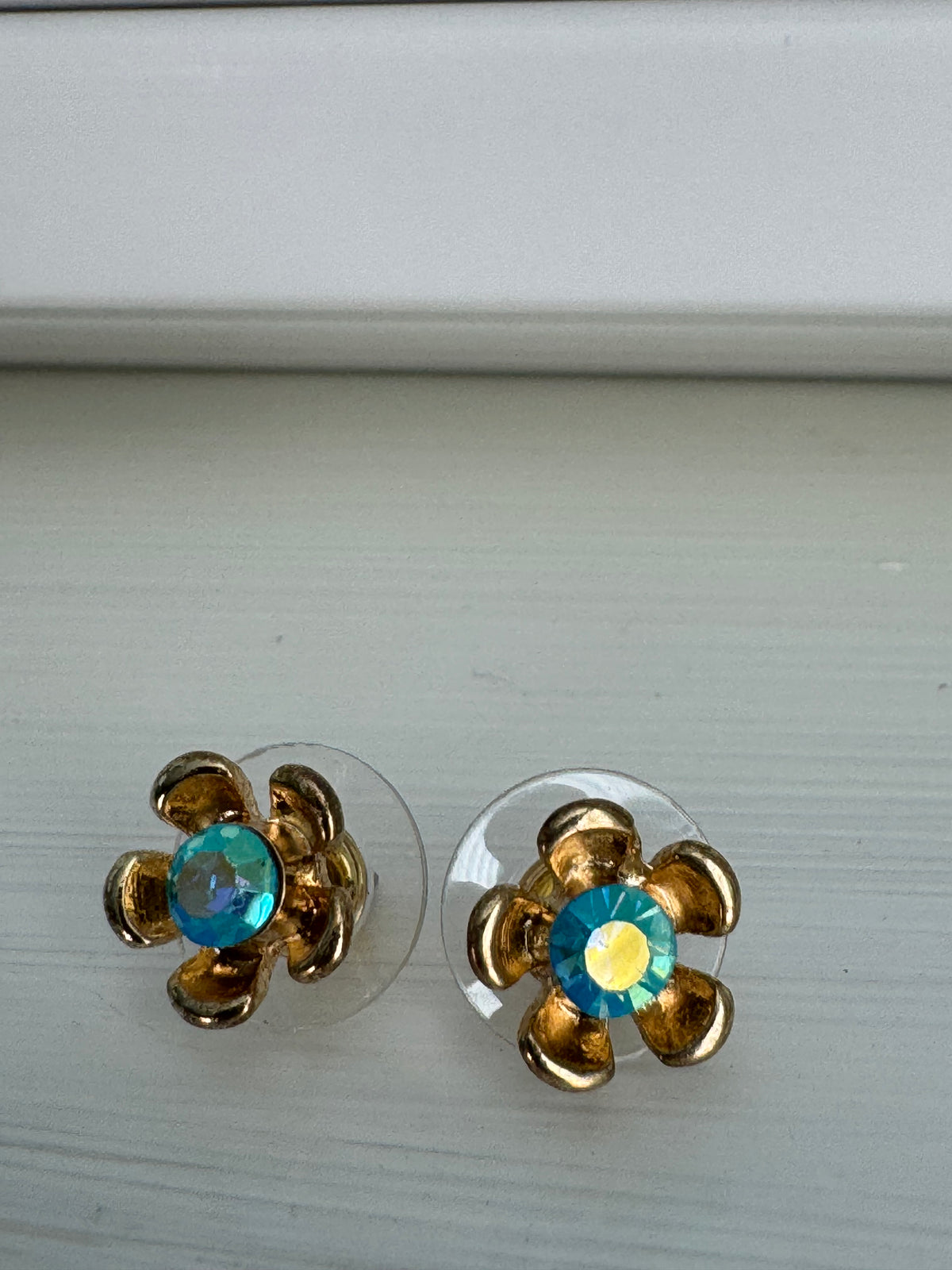 Vintage Aqua Rhinestone Flower Studs