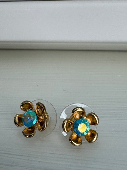 Vintage Aqua Rhinestone Flower Studs