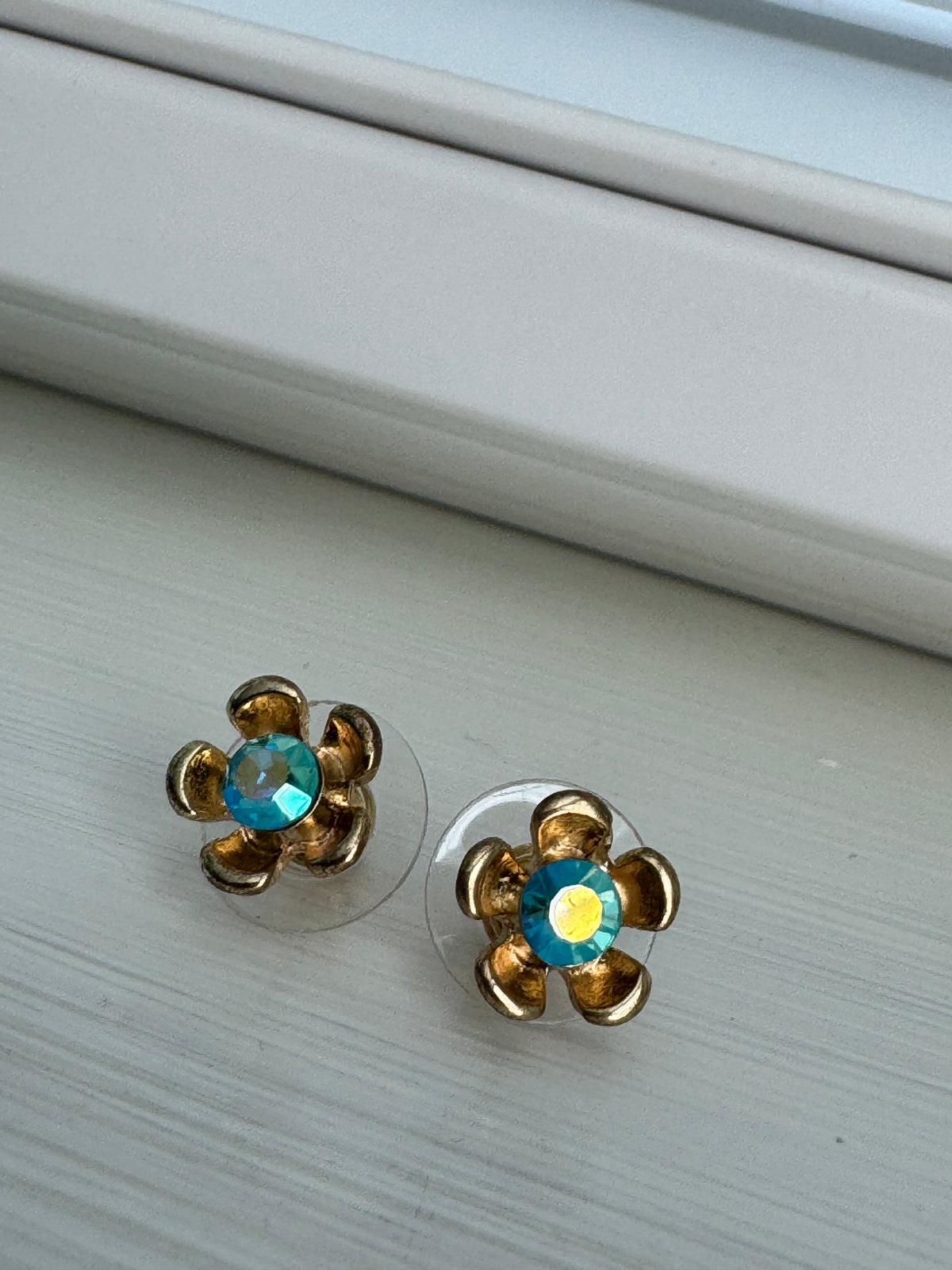 Vintage Aqua Rhinestone Flower Studs