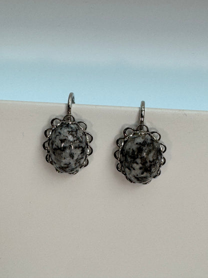 Vintage Silver-Tone Black & White Speckled Cabochon Leverback Earrings