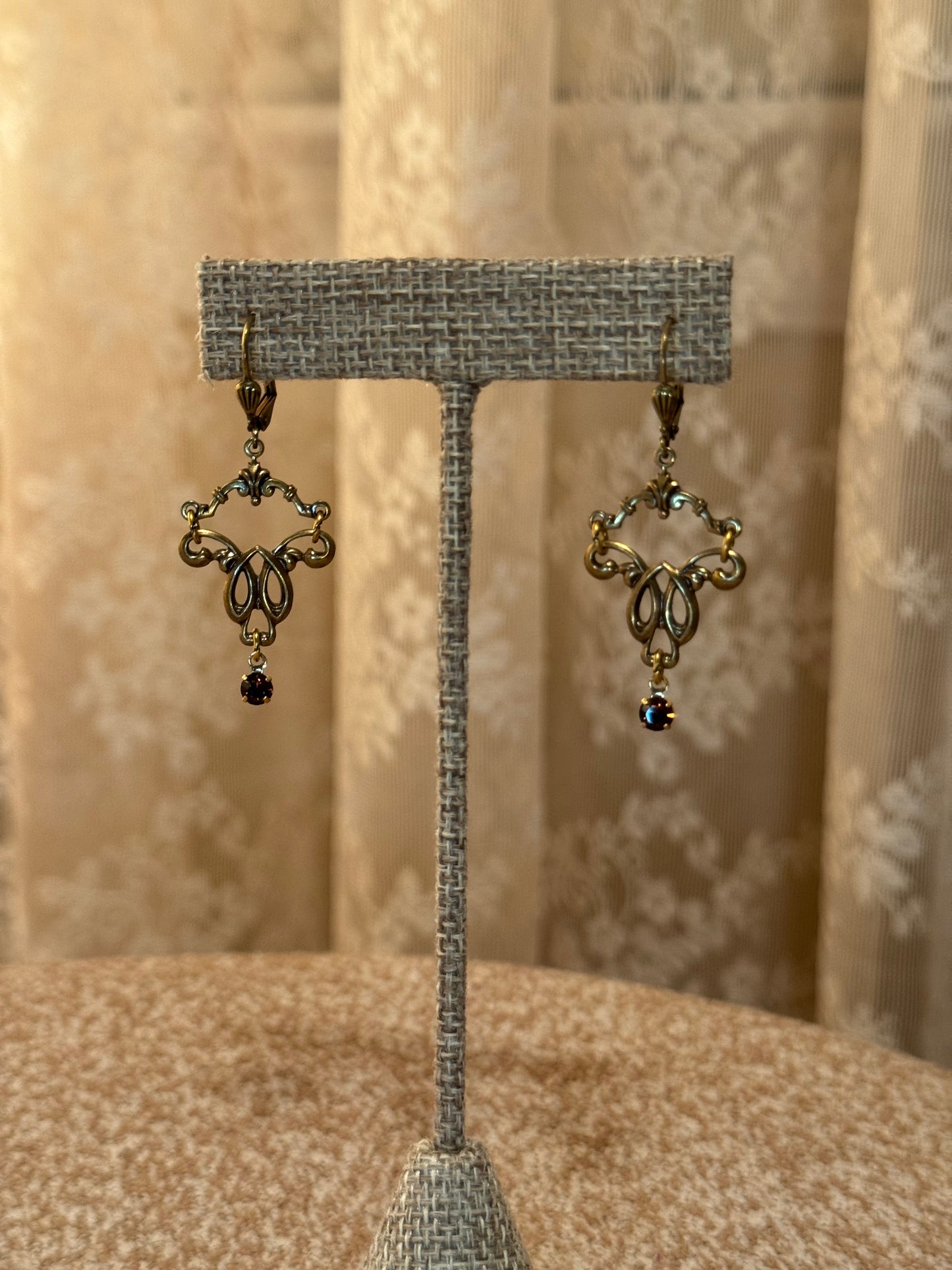 Sadie Green Victorian-Style Revival Chandelier Earrings – Antique Gold with Dark Crystal Accents