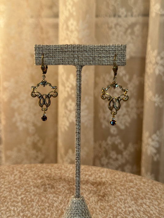 Sadie Green Victorian-Style Revival Chandelier Earrings – Antique Gold with Dark Crystal Accents