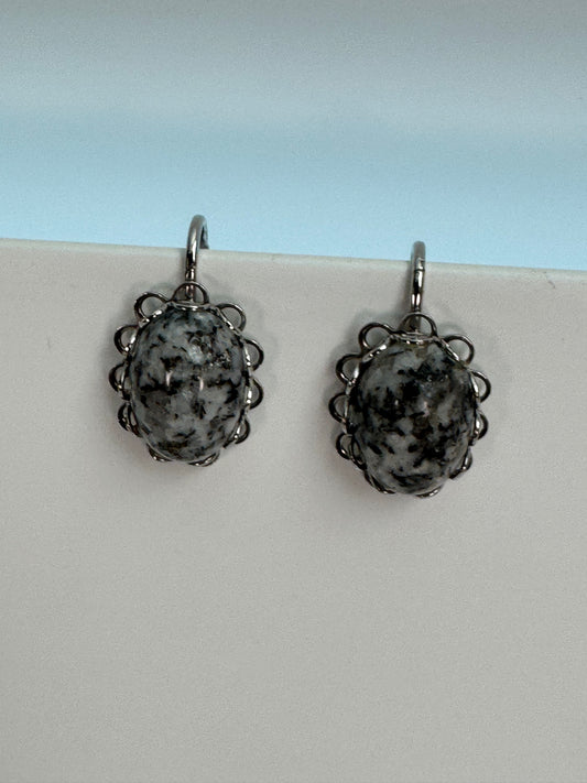 Vintage Silver-Tone Black & White Speckled Cabochon Leverback Earrings
