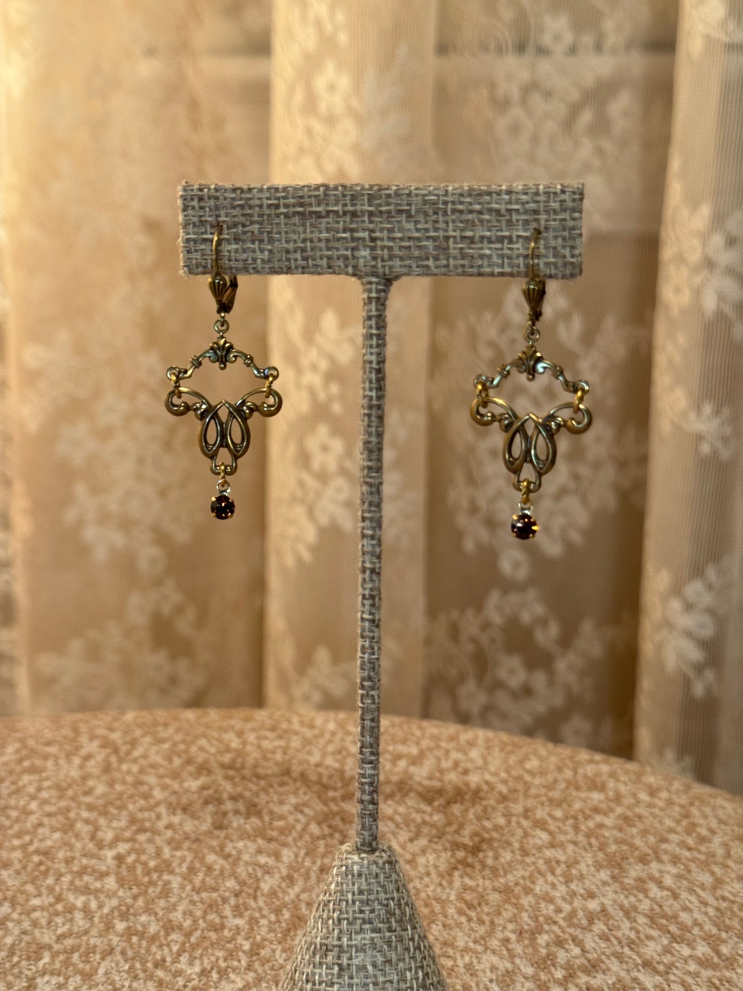 Sadie Green Victorian-Style Revival Chandelier Earrings – Antique Gold with Dark Crystal Accents
