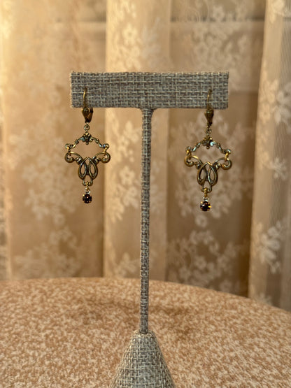 Sadie Green Victorian-Style Revival Chandelier Earrings – Antique Gold with Dark Crystal Accents