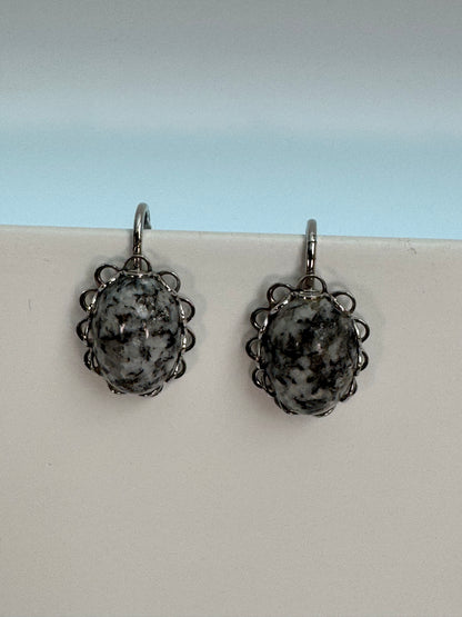 Vintage Silver-Tone Black & White Speckled Cabochon Leverback Earrings