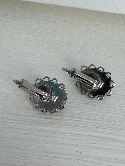 Vintage Silver-Tone Black & White Speckled Cabochon Leverback Earrings