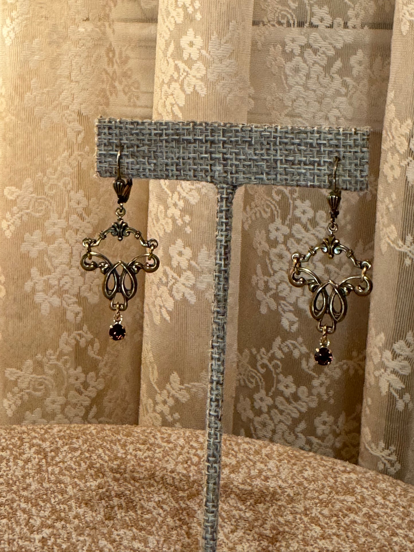Sadie Green Victorian-Style Revival Chandelier Earrings – Antique Gold with Dark Crystal Accents