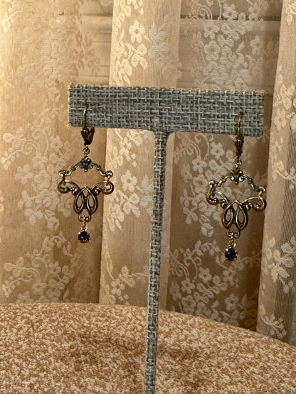 Sadie Green Victorian-Style Revival Chandelier Earrings – Antique Gold with Dark Crystal Accents