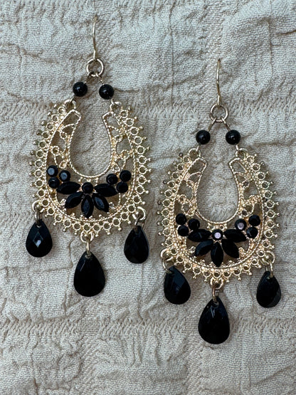 Vintage Boho Gold Tone Black Bead Chandelier Dangle Earrings