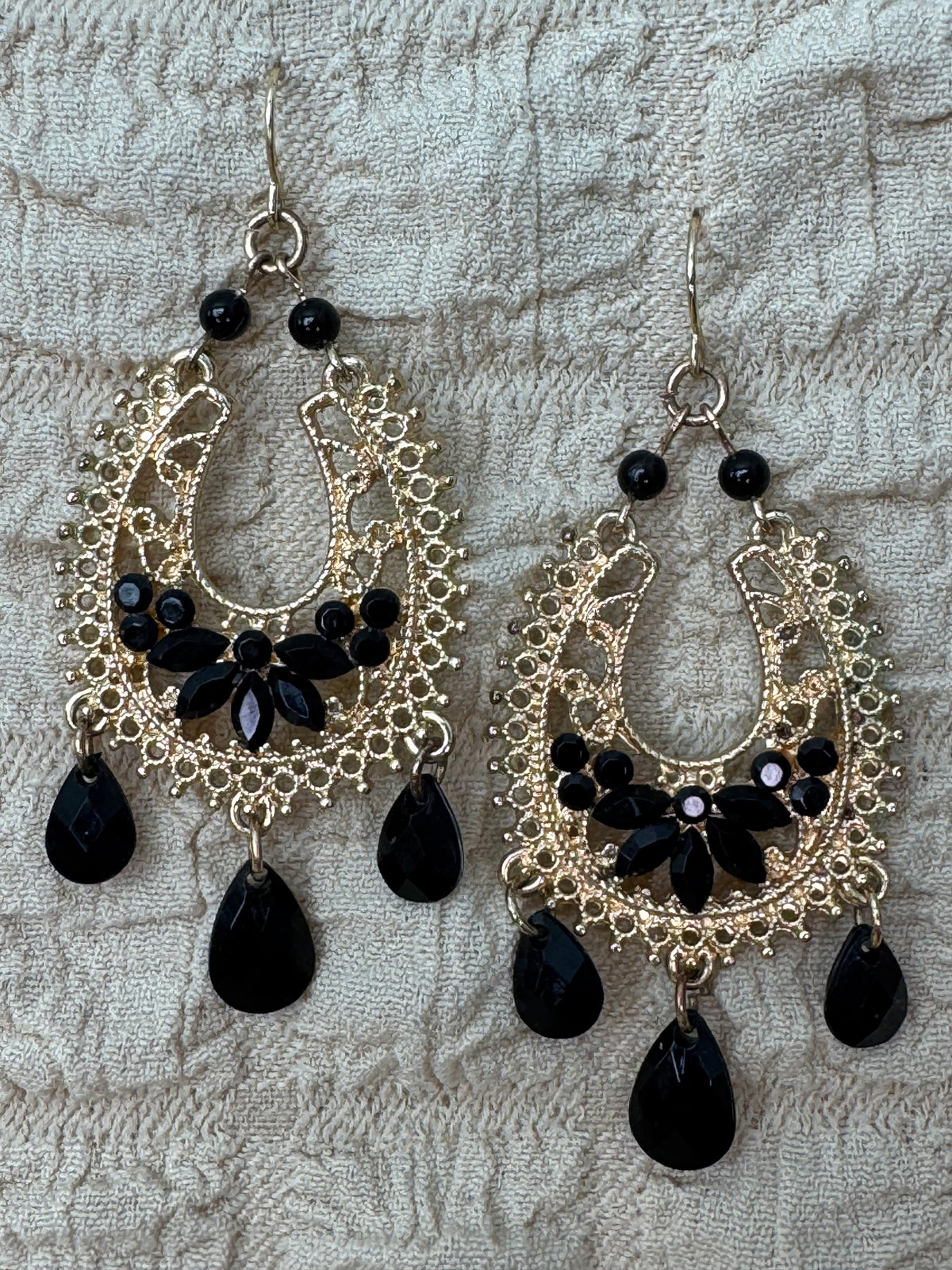Vintage Boho Gold Tone Black Bead Chandelier Dangle Earrings