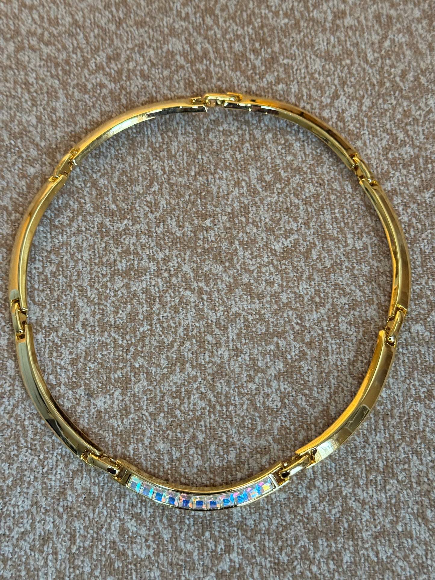 Vintage Gold-Tone Curved Panel Necklace with Square Aurora Borealis Crystals – Glam Sparkle