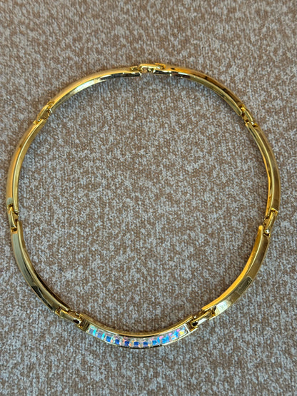 Vintage Gold-Tone Curved Panel Necklace with Square Aurora Borealis Crystals – Glam Sparkle