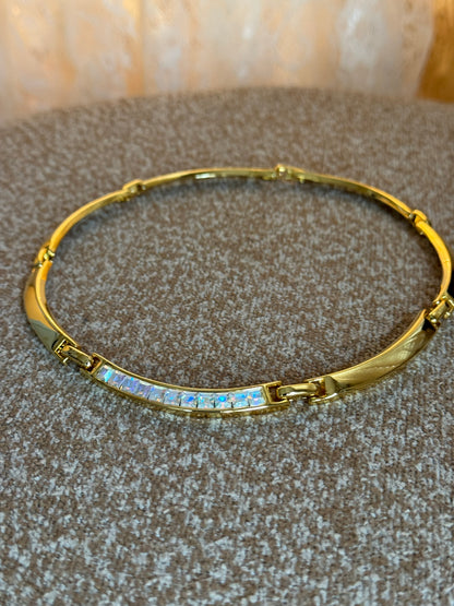 Vintage Gold-Tone Curved Panel Necklace with Square Aurora Borealis Crystals – Glam Sparkle