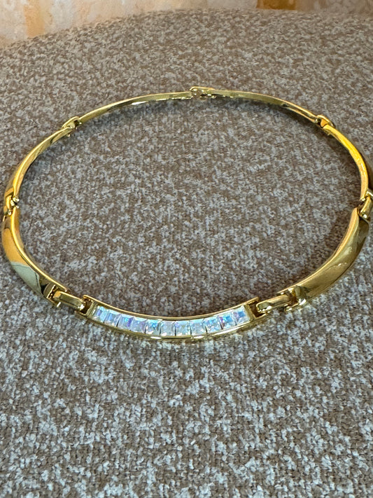 Vintage Gold-Tone Curved Panel Necklace with Square Aurora Borealis Crystals – Glam Sparkle