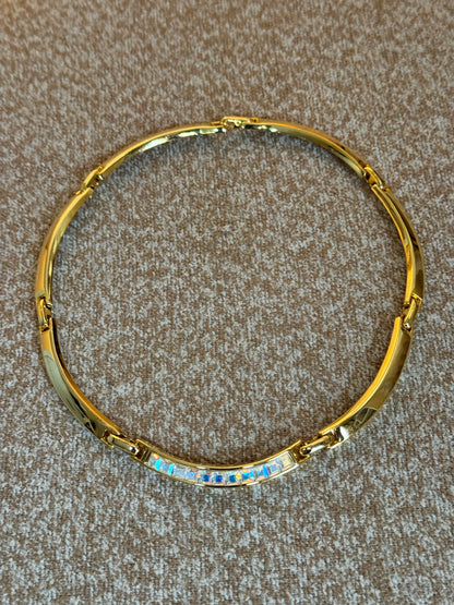 Vintage Gold-Tone Curved Panel Necklace with Square Aurora Borealis Crystals – Glam Sparkle