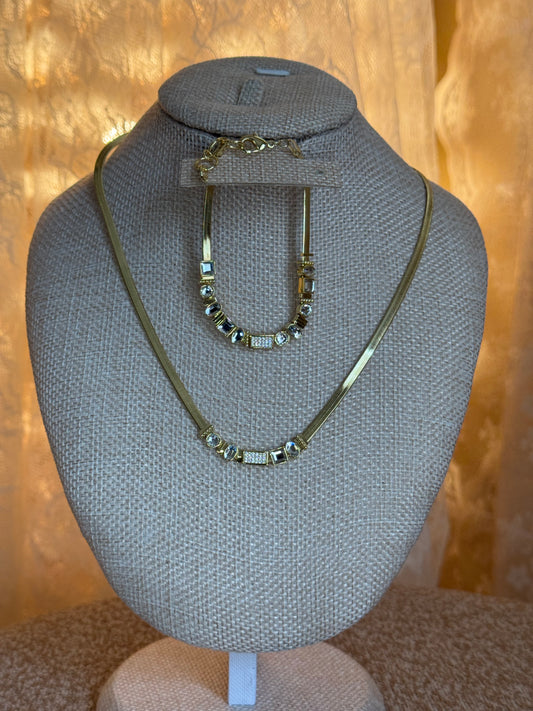 Authentic Gorjana "Venice Gem" Necklace & Bracelet Set – Gold Herringbone with Clear Crystal Accents