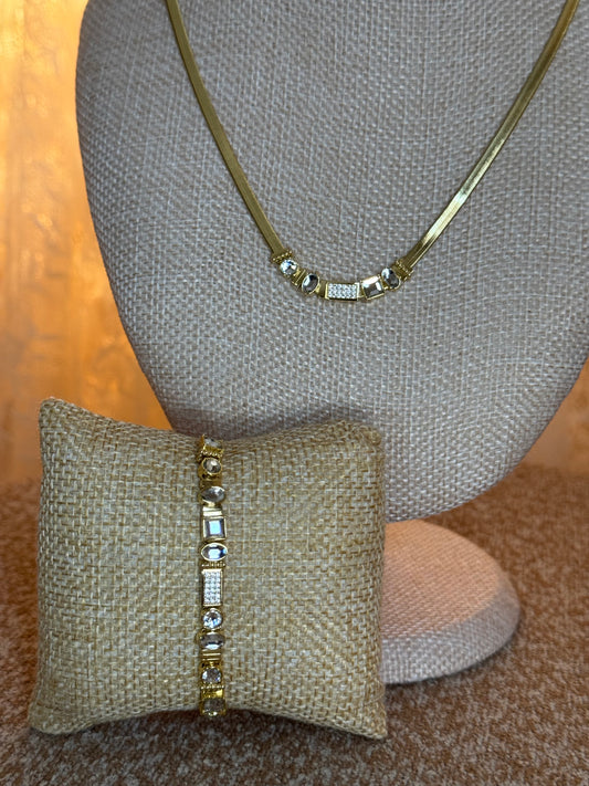 Authentic Gorjana "Venice Gem" Necklace & Bracelet Set – Gold Herringbone with Clear Crystal Accents