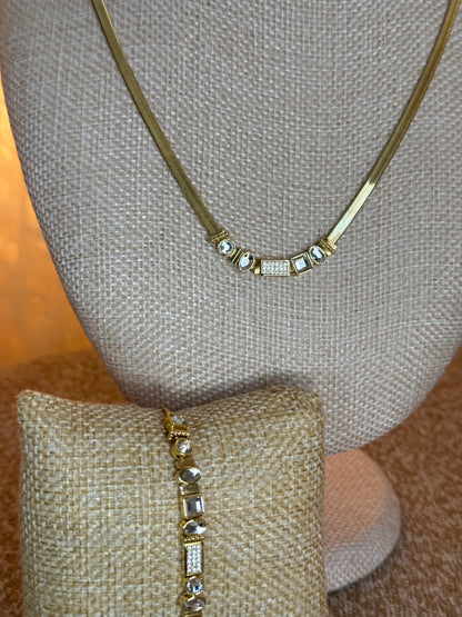 Authentic Gorjana "Venice Gem" Necklace & Bracelet Set – Gold Herringbone with Clear Crystal Accents