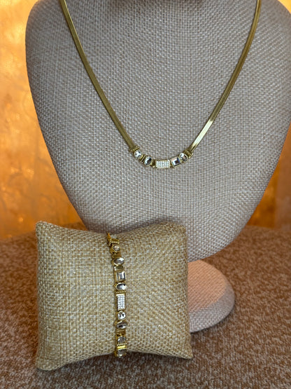 Authentic Gorjana "Venice Gem" Necklace & Bracelet Set – Gold Herringbone with Clear Crystal Accents