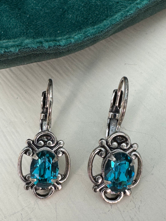 Sadie Green Crystal Drop Earring in Antiqued Silver & Vibrant Teal
