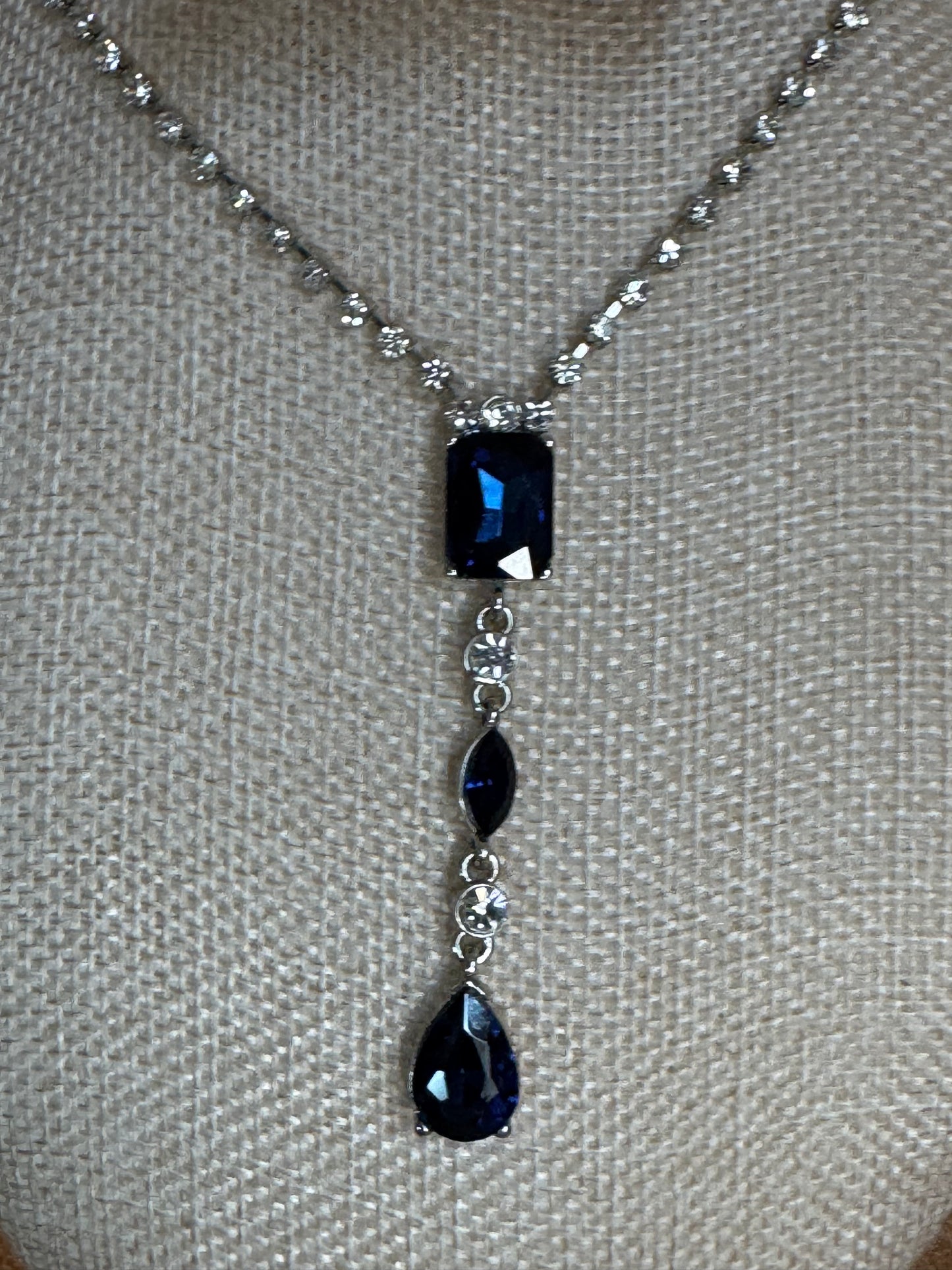 Vintage Carolee Simulated Sapphire & Crystal Y-Drop Necklace – Signed