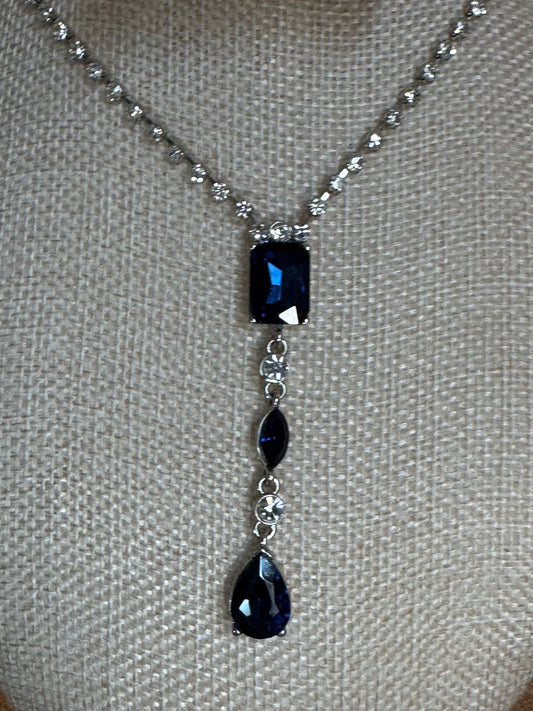 Vintage Carolee Simulated Sapphire & Crystal Y-Drop Necklace – Signed