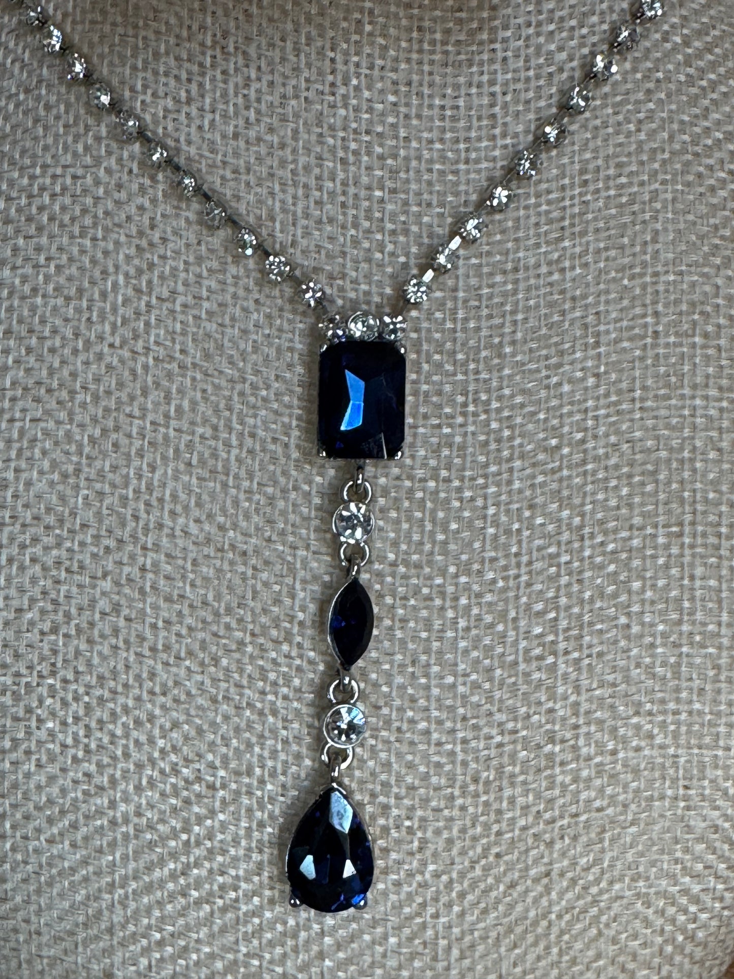 Vintage Carolee Simulated Sapphire & Crystal Y-Drop Necklace – Signed
