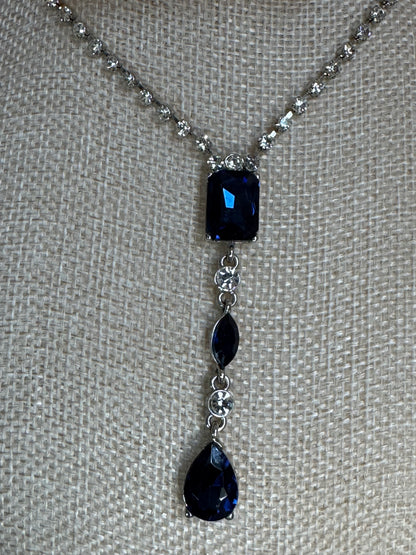 Vintage Carolee Simulated Sapphire & Crystal Y-Drop Necklace – Signed