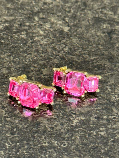 Vibrant Mid-Century Glamour: Watermelon Pink Emerald-Cut Statement Studs