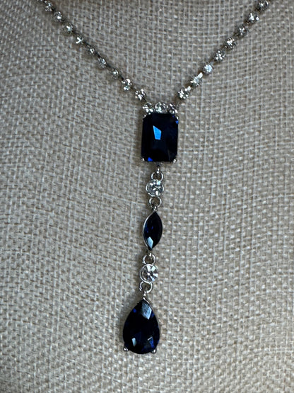 Vintage Carolee Simulated Sapphire & Crystal Y-Drop Necklace – Signed
