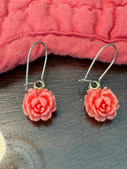 Vintage-Inspired Salmon Pink Rose Dangle Earrings