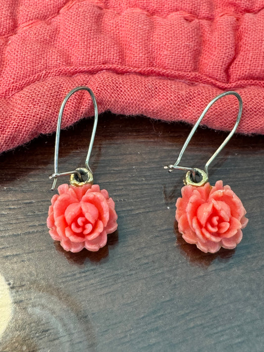 Vintage-Inspired Salmon Pink Rose Dangle Earrings