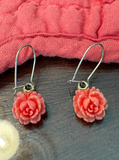 Vintage-Inspired Salmon Pink Rose Dangle Earrings