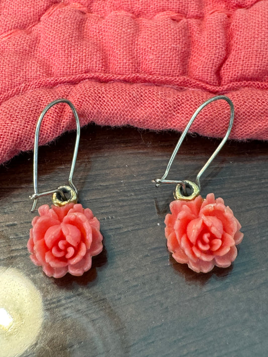 Vintage-Inspired Salmon Pink Rose Dangle Earrings