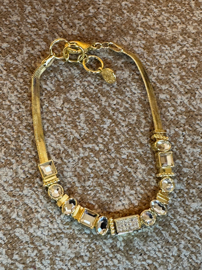 Authentic Gorjana "Venice Gem" Necklace & Bracelet Set – Gold Herringbone with Clear Crystal Accents