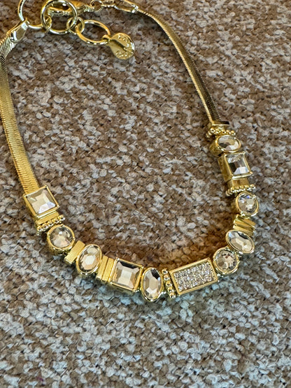Authentic Gorjana "Venice Gem" Necklace & Bracelet Set – Gold Herringbone with Clear Crystal Accents