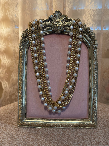 Vintage Multi-Strand Gold & Faux Pearl Statement Necklace
